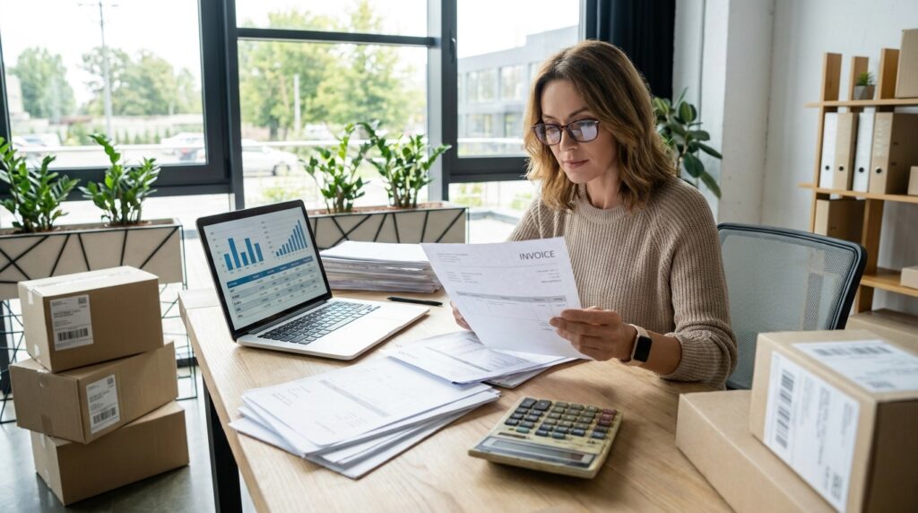 A small business owner reviewing shipping invoices and carrier rate charts to negotiate shipping rates in 2026