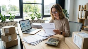 Small business owner reviewing shipping invoices and carrier rate charts to negotiate shipping rates in 2026