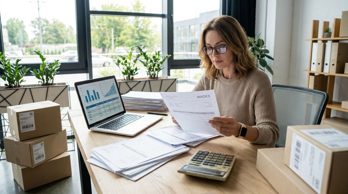 Small business owner reviewing shipping invoices and carrier rate charts to negotiate shipping rates in 2026