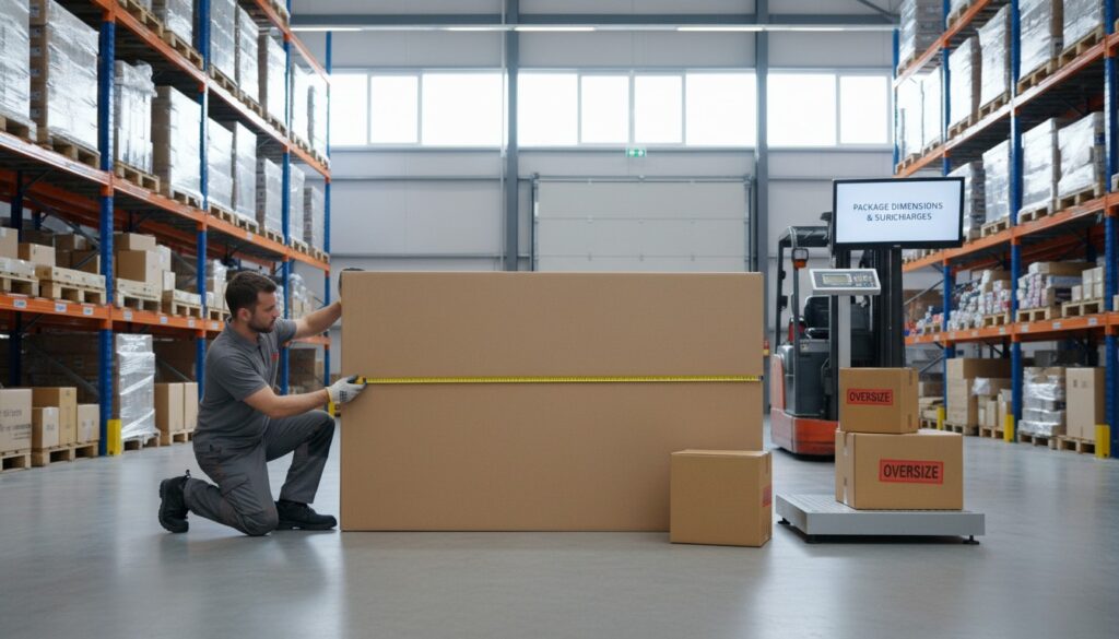 Warehouse worker measuring a large oversized cardboard box to avoid additional handling and oversize shipping surcharges in 2026