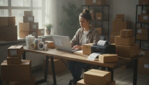 Small business owner printing shipping labels among stacked parcels, cutting shipping costs in 2026