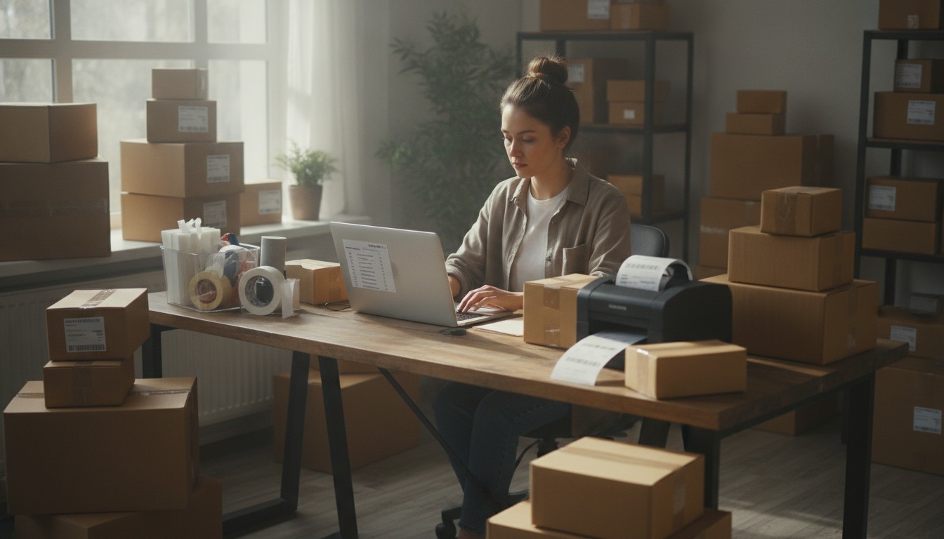 Small business owner printing shipping labels among stacked parcels, cutting shipping costs in 2026