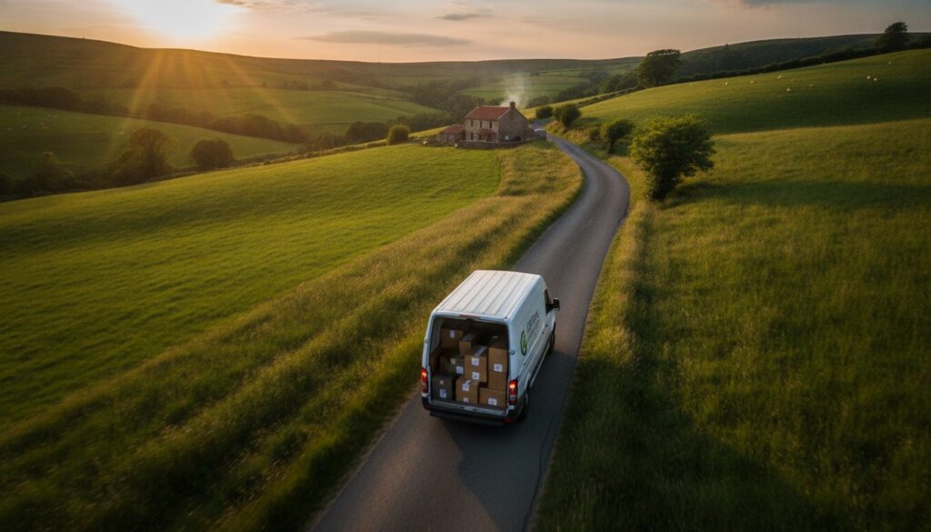 A delivery van on a rural road illustrating delivery area surcharge zones in 2026