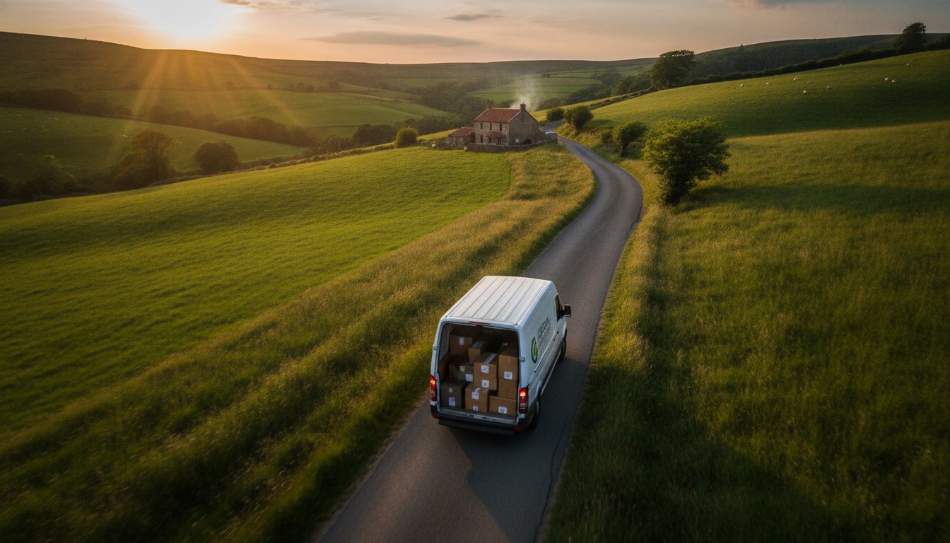 A delivery van on a rural road illustrating delivery area surcharge zones in 2026