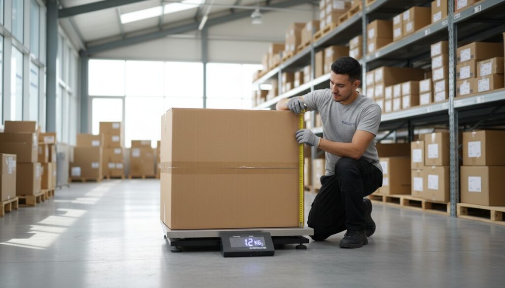 A warehouse worker measuring a large, lightweight box to calculate its dimensional weight