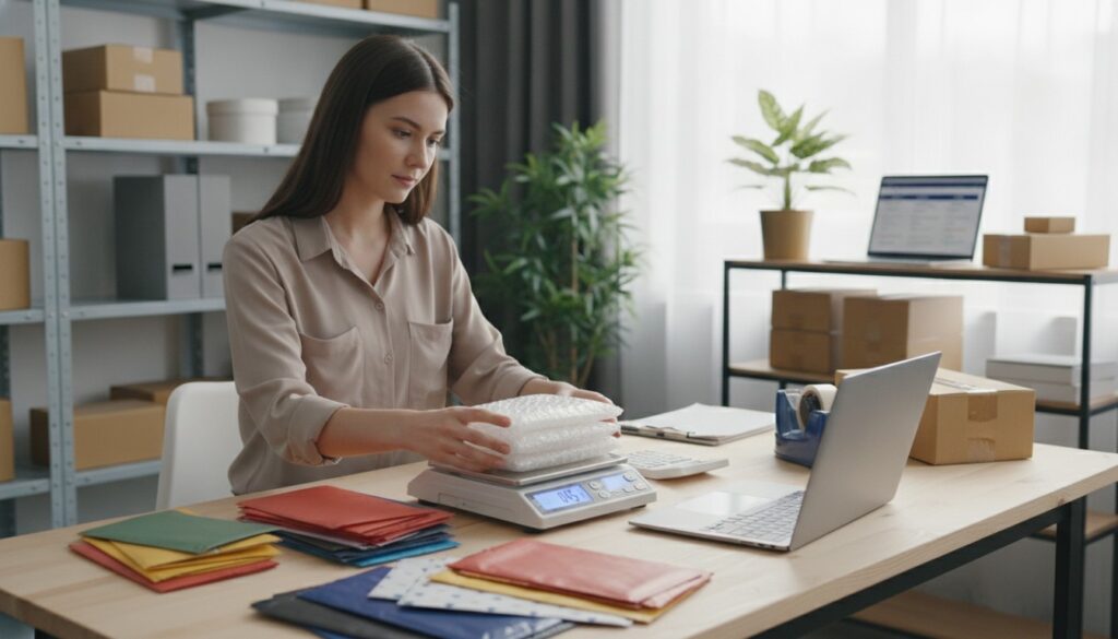 Economy shipping services for lightweight parcels: a shipper weighing small packages and comparing UPS Ground Saver, USPS Ground Advantage, and FedEx Ground Economy rates