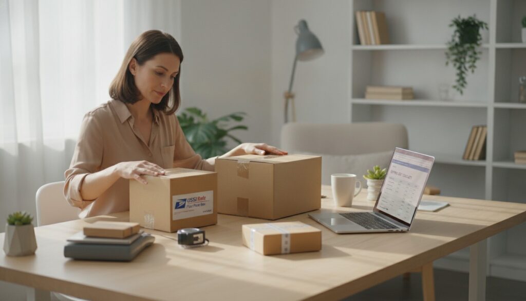 A small business owner comparing flat-rate shipping boxes to a postal scale in 2026