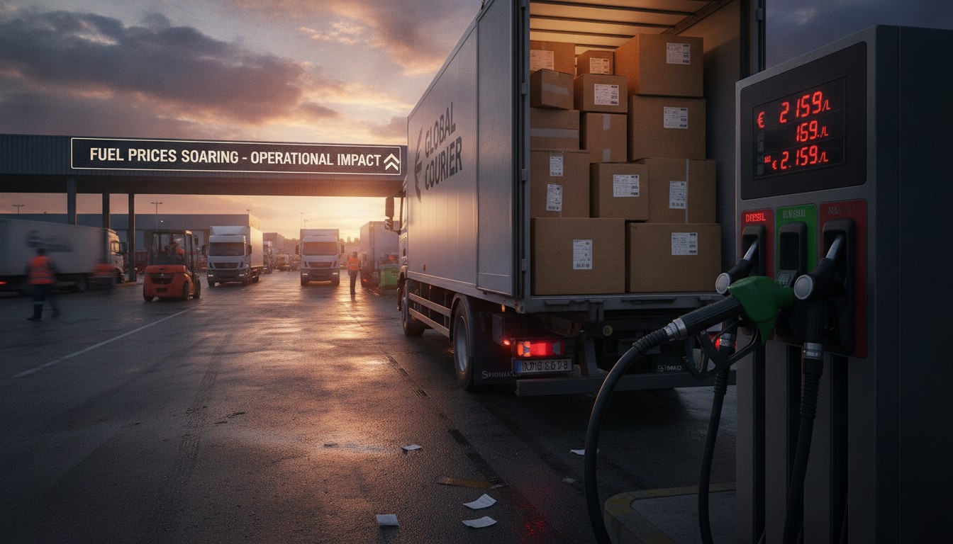 A delivery truck refueling at a logistics depot, illustrating the rising fuel surcharges on shipping in 2026