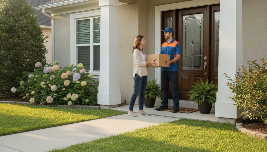 A courier handing a package to a customer at a suburban front door, illustrating the 2026 residential delivery surcharge