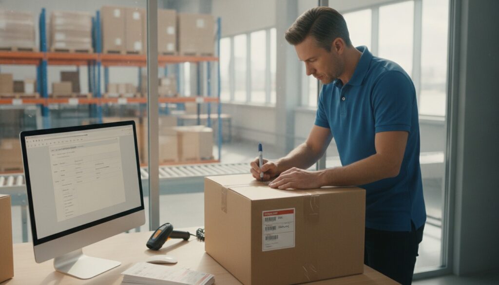 A shipping clerk correcting an error in the address correction fee on a package label in a logistics office