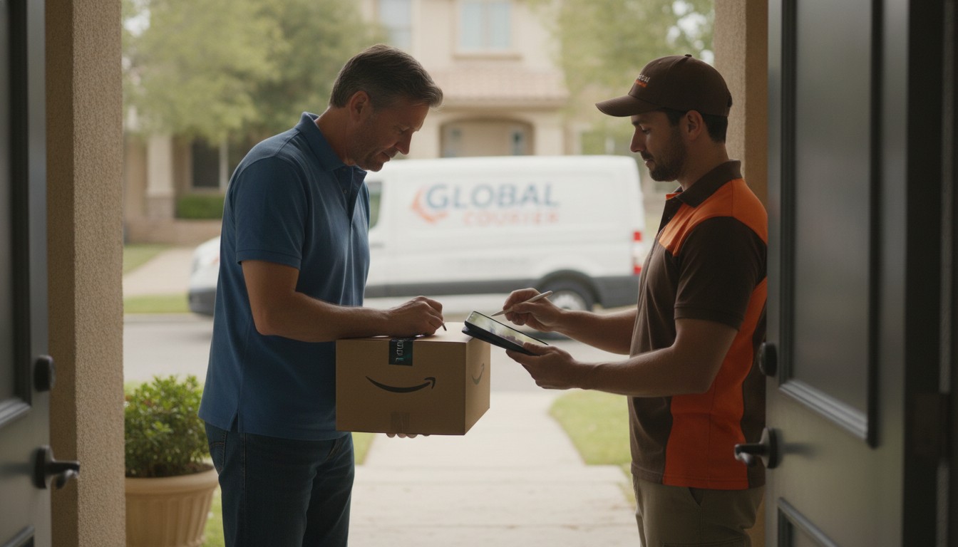 Delivery driver collecting a signature for a package at the door — signature required fees 2026