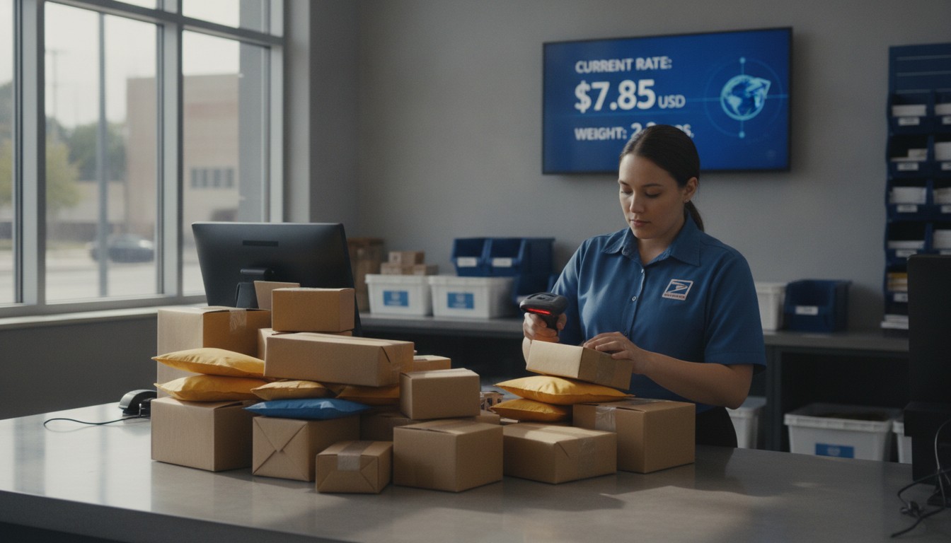 USPS rate changes in July 2026: a postal worker scanning packages at a shipping counter