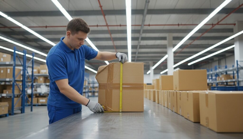 Warehouse worker measuring a bulky box that could trigger the 2026 additional handling surcharge