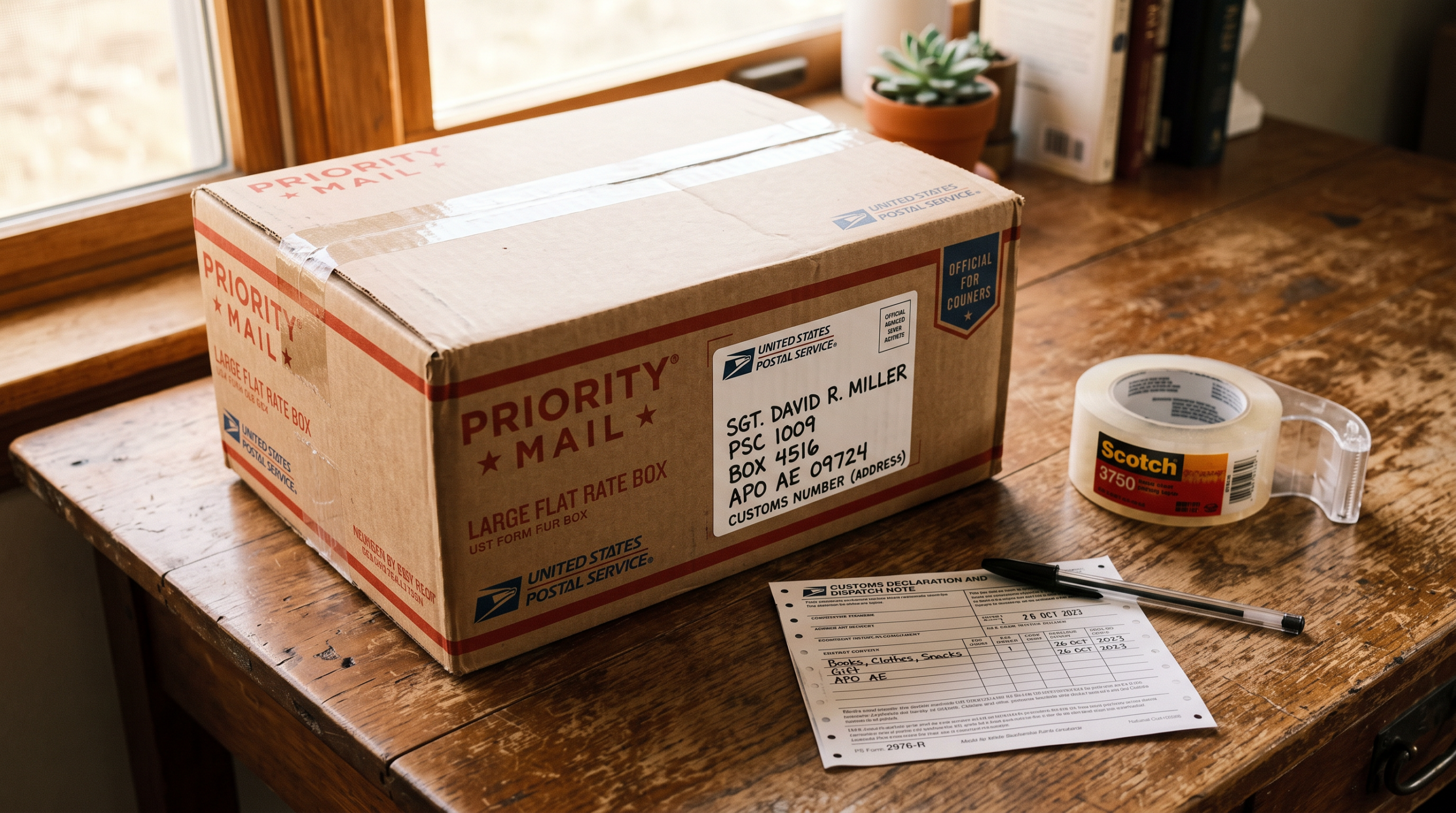 APO FPO shipping box with a customs declaration form ready for a military address