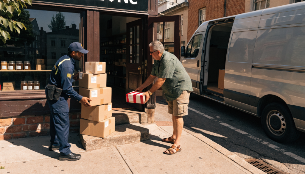 A courier collecting packages during a scheduled carrier pickup at a small business — carrier pickup fees 2026