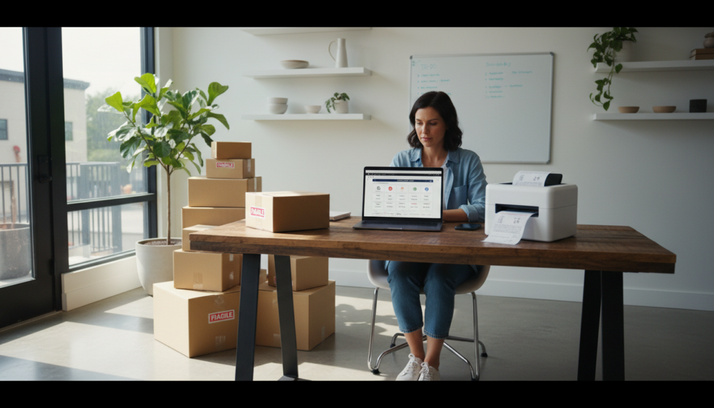 Small business owner comparing commercial shipping rates on a laptop next to parcels and a label printer
