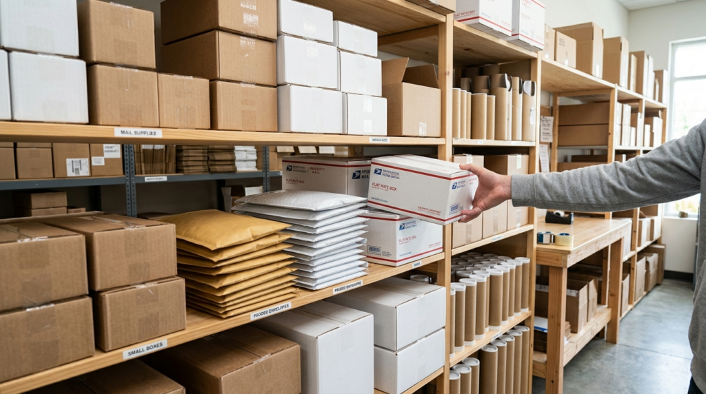 Shelves stocked with free shipping supplies including carrier boxes, padded envelopes and tubes