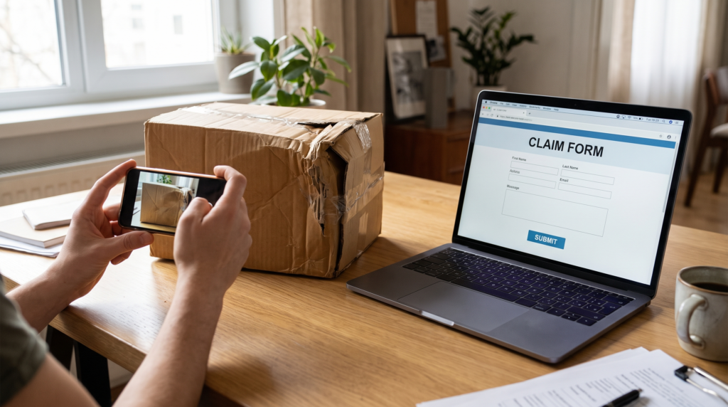 Shipper documenting a damaged parcel with photos while filing lost package claims online