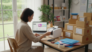 Online seller printing marketplace shipping labels with a thermal printer beside parcels ready to ship