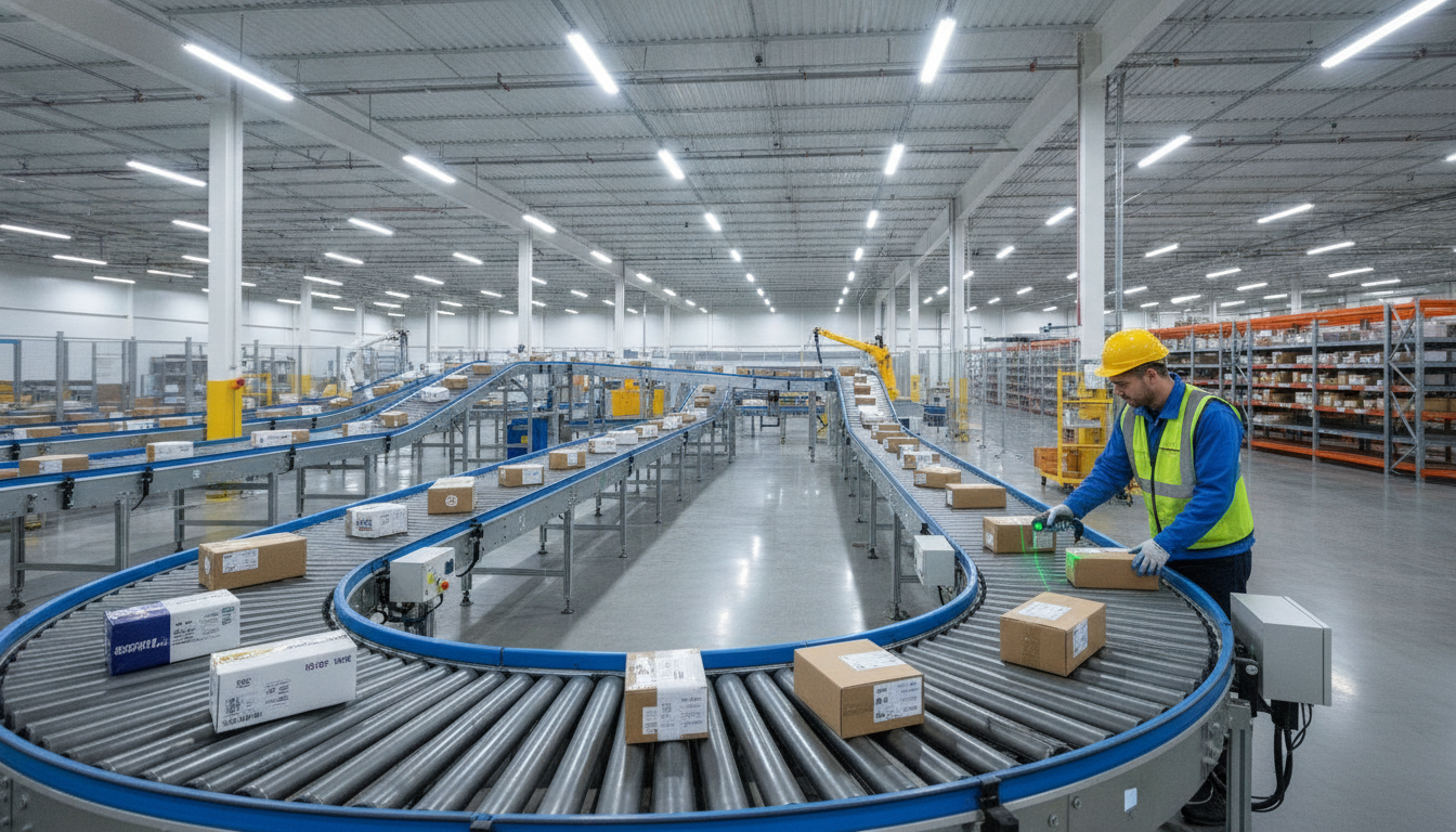 Lightweight e-commerce packages on a sorting conveyor at a parcel consolidation facility