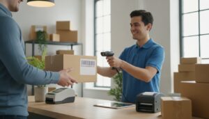 Return shipping labels: customer dropping off a prepaid return package at a shipping counter