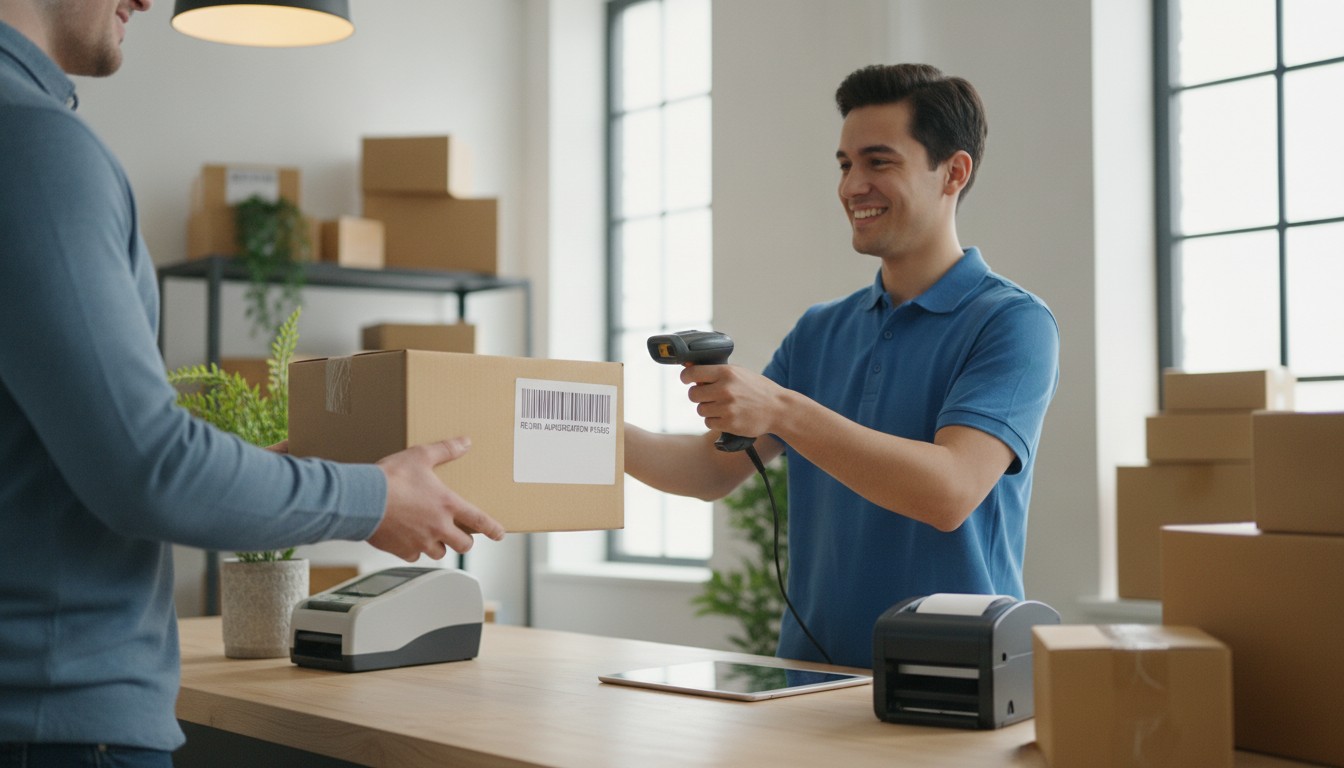 Return shipping labels: customer dropping off a prepaid return package at a shipping counter