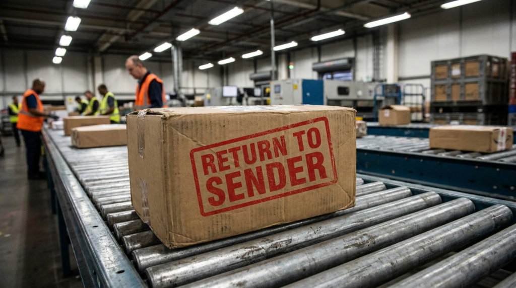 Cardboard parcel stamped return to sender moving along a conveyor belt, illustrating return to sender fees in 2026