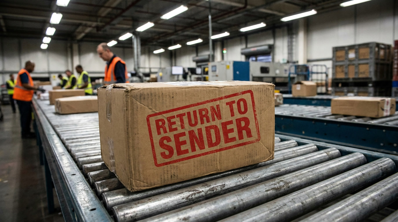 Cardboard parcel stamped return to sender moving along a conveyor belt, illustrating return to sender fees in 2026