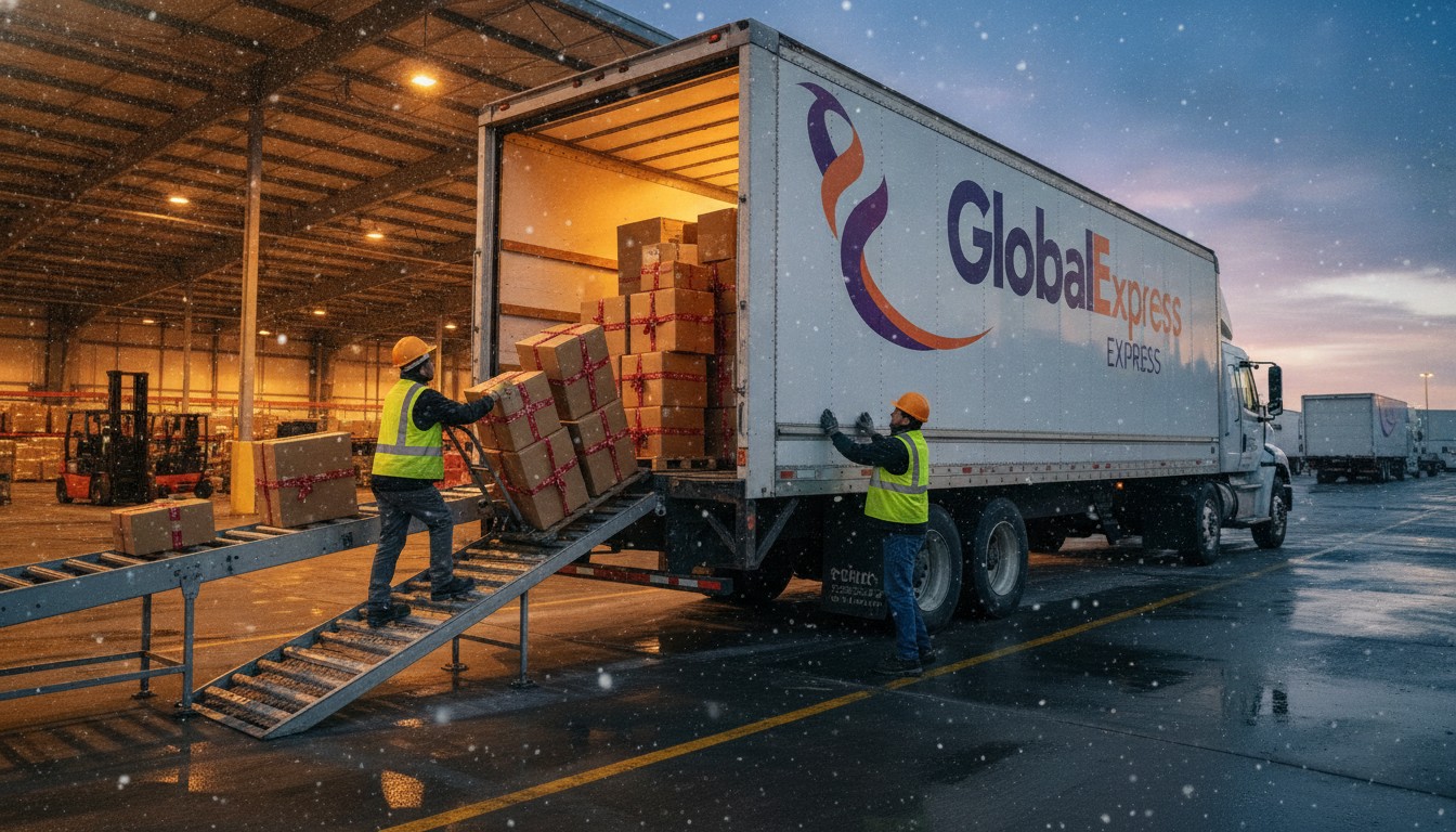 Warehouse workers loading holiday packages onto a delivery truck — 2026 peak season surcharges for FedEx and UPS shipments