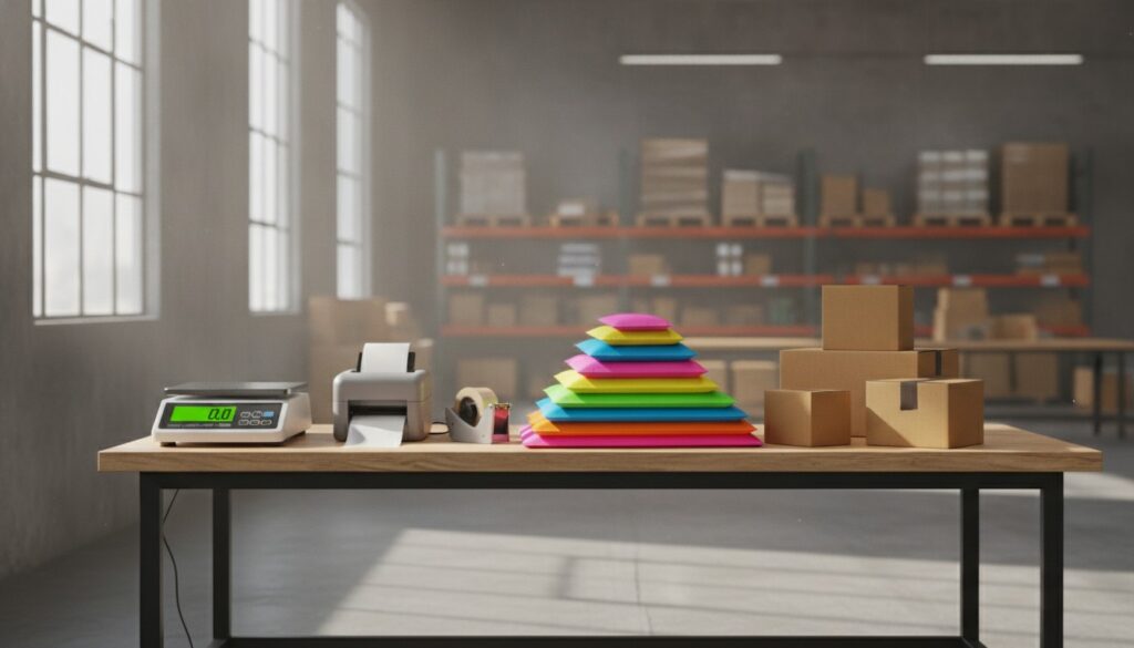 Poly mailers vs boxes: stacks of poly mailer envelopes next to cardboard boxes on a warehouse packing table