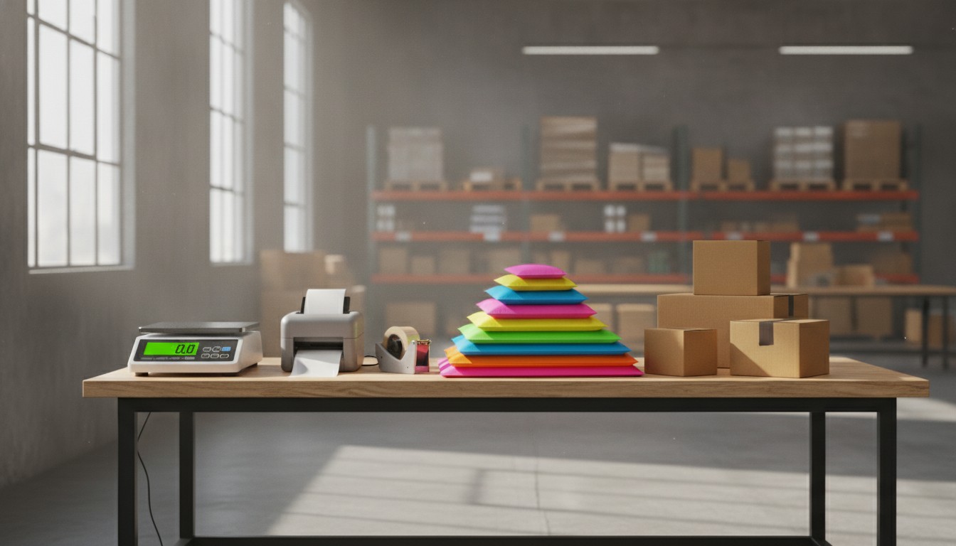 Poly mailers vs boxes: stacks of poly mailer envelopes next to cardboard boxes on a warehouse packing table
