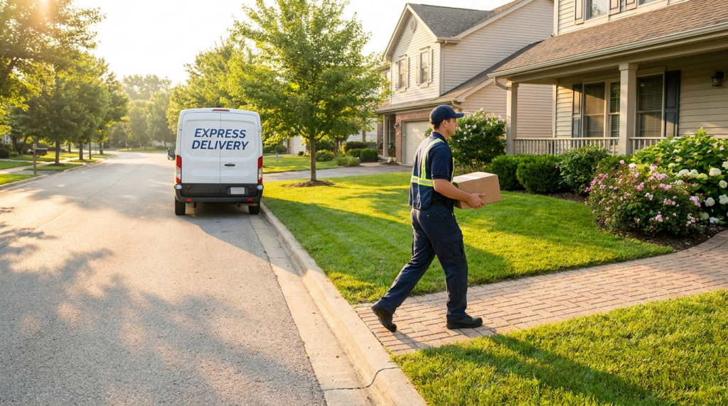 A courier delivering a package to a suburban home, illustrating Saturday delivery fees in 2026