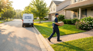 Courier carrying a parcel to a suburban home, illustrating Saturday delivery fees in 2026