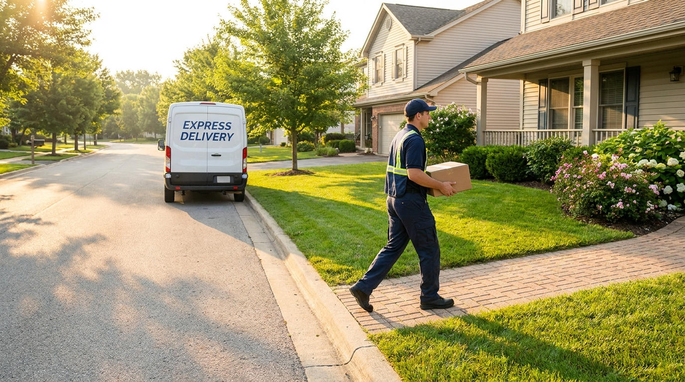 Courier carrying a parcel to a suburban home, illustrating Saturday delivery fees in 2026