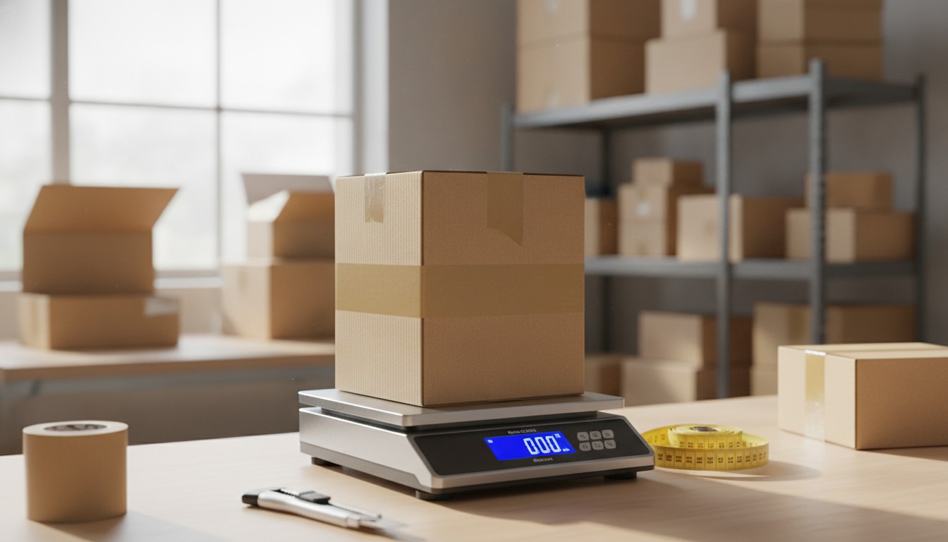 Small heavy box on a shipping scale illustrating USPS cubic pricing savings