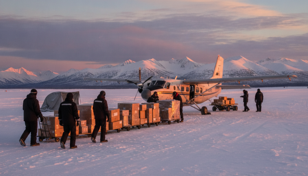 Cargo plane loaded with parcels on a snowy airstrip illustrating the cost of shipping to Alaska and Hawaii in 2026
