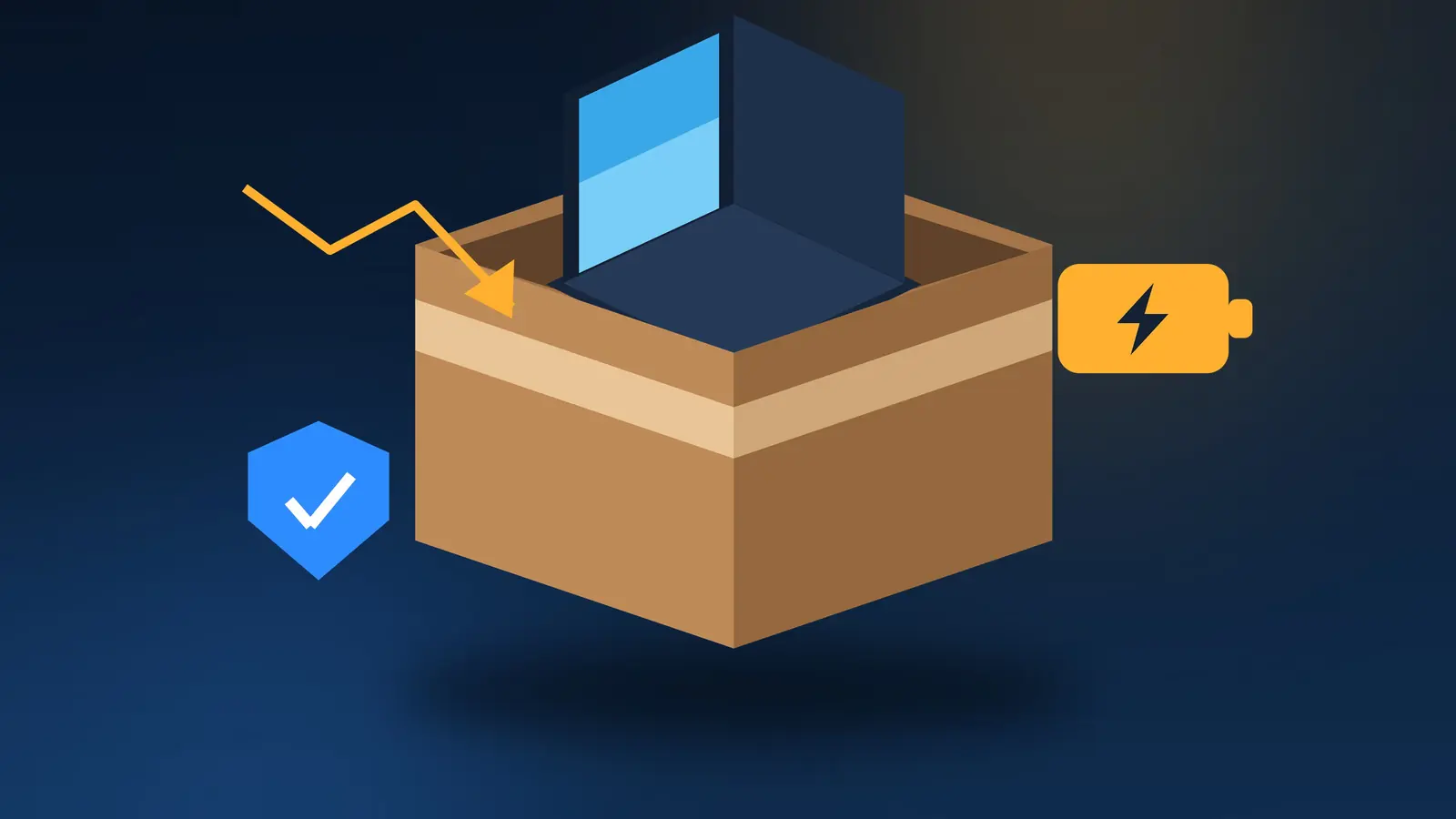 Shipping Electronics 2026: A laptop packed in a cardboard box with a lithium battery icon and a protective shield