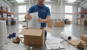 Warehouse worker packing a fragile item with shipping insurance paperwork — shipping insurance cost 2026