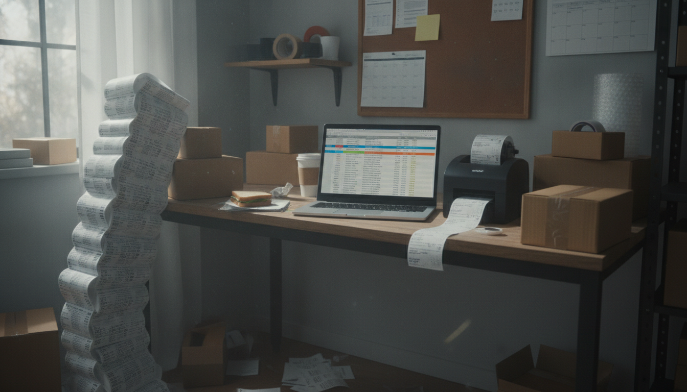 Stack of printed unused shipping labels on a desk beside a refund tracking spreadsheet