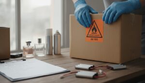 Worker applying a hazardous materials label to a shipping box beside perfume, aerosols and batteries, illustrating USPS hazmat fees in 2026