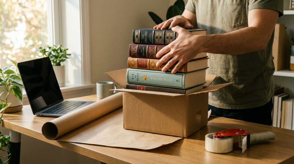 A stack of hardcover books being packed into a small box for shipping via USPS Media Mail