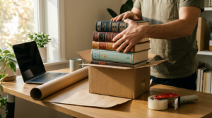 Stack of hardcover books being packed into a small box for USPS Media Mail shipping