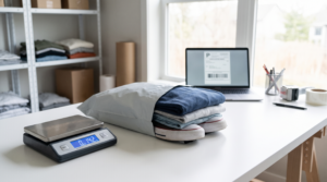 Folded clothes and sneakers packed in a poly mailer on a postal scale, the cheapest way to ship clothes in 2026