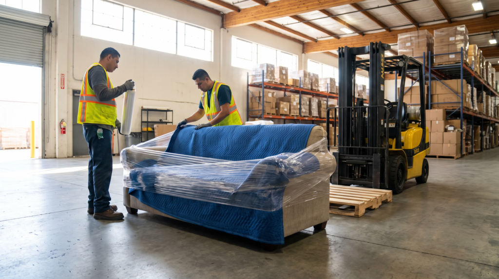Workers wrapping a sofa to find the cheapest way to ship furniture via LTL freight in 2026