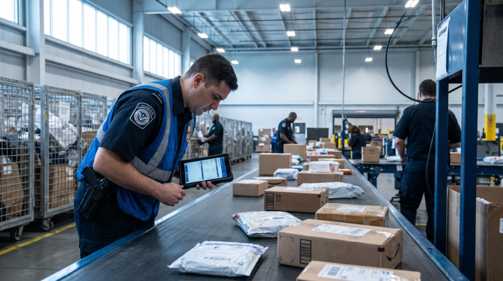 A customs officer scanning low-value e-commerce packages following the suspension of the de minimis rule in 2026