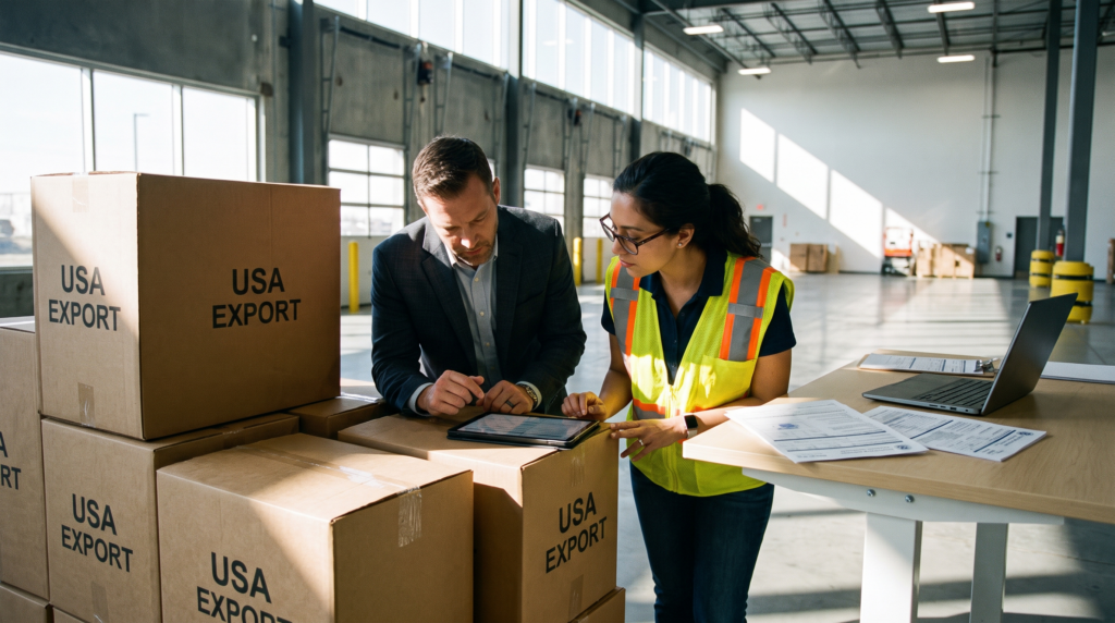 A customs broker reviewing duty drawback import entry paperwork next to export cartons in a warehouse