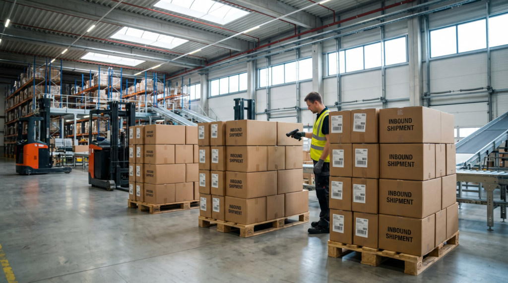 Identical cartons palletized for an Amazon FBA inbound shipment to avoid inbound placement fees in 2026