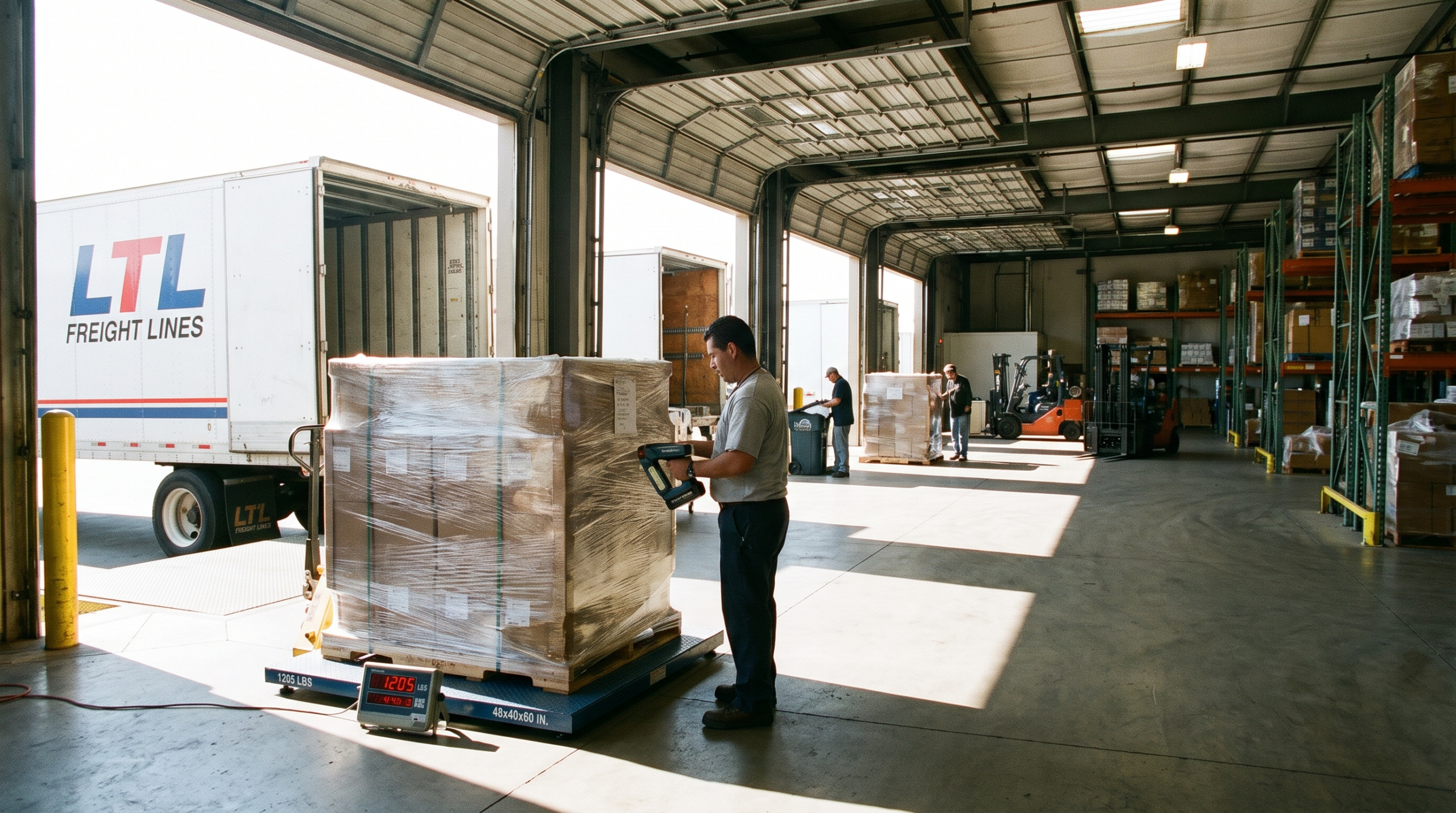 Wrapped pallets measured with a dimensioning scanner on a loading dock to determine freight class 2026