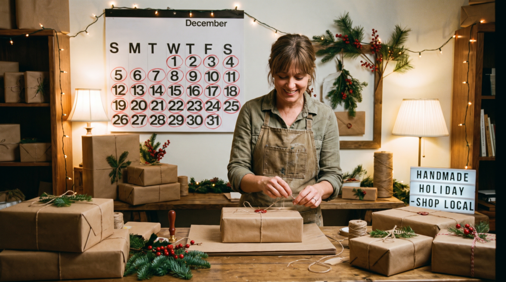 A small business owner packing parcels next to a December calendar showing the 2026 holiday shipping deadlines