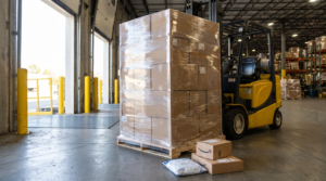 LTL freight vs parcel: a shrink-wrapped pallet on a loading dock beside small individual parcels